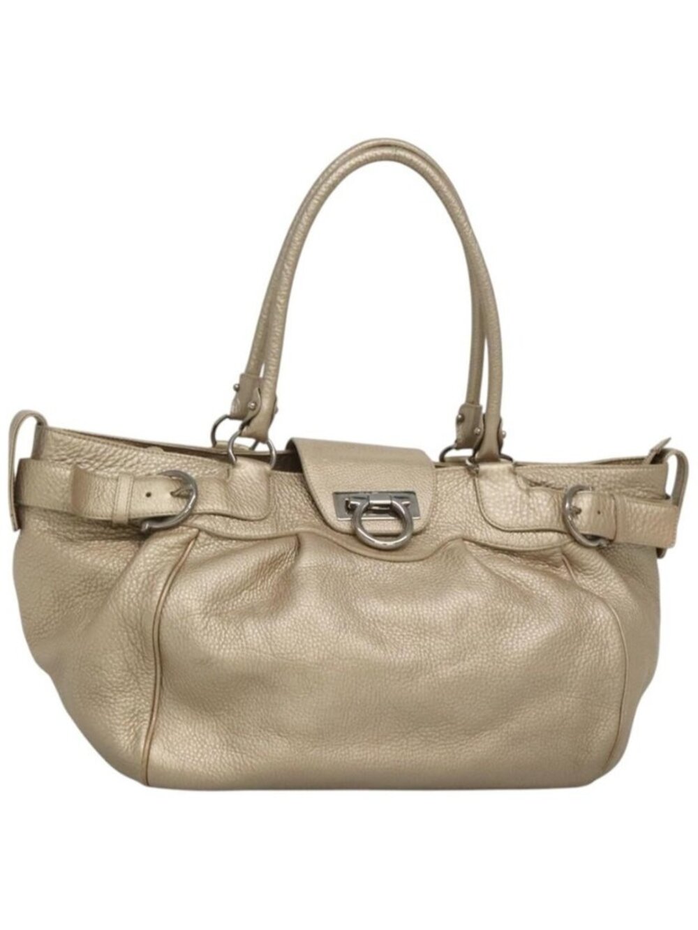 Authentic Salvatore Ferragamo Gancini Shoulder Bag Leather Gold Tone Silver